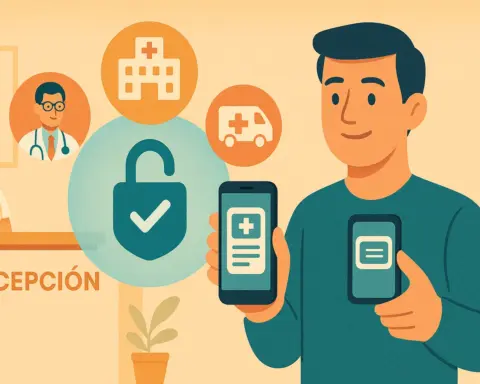 Hombre sonriente en la recepción de una clínica muestra sosteniendo en un smartphone su tarjeta de salud virtual.