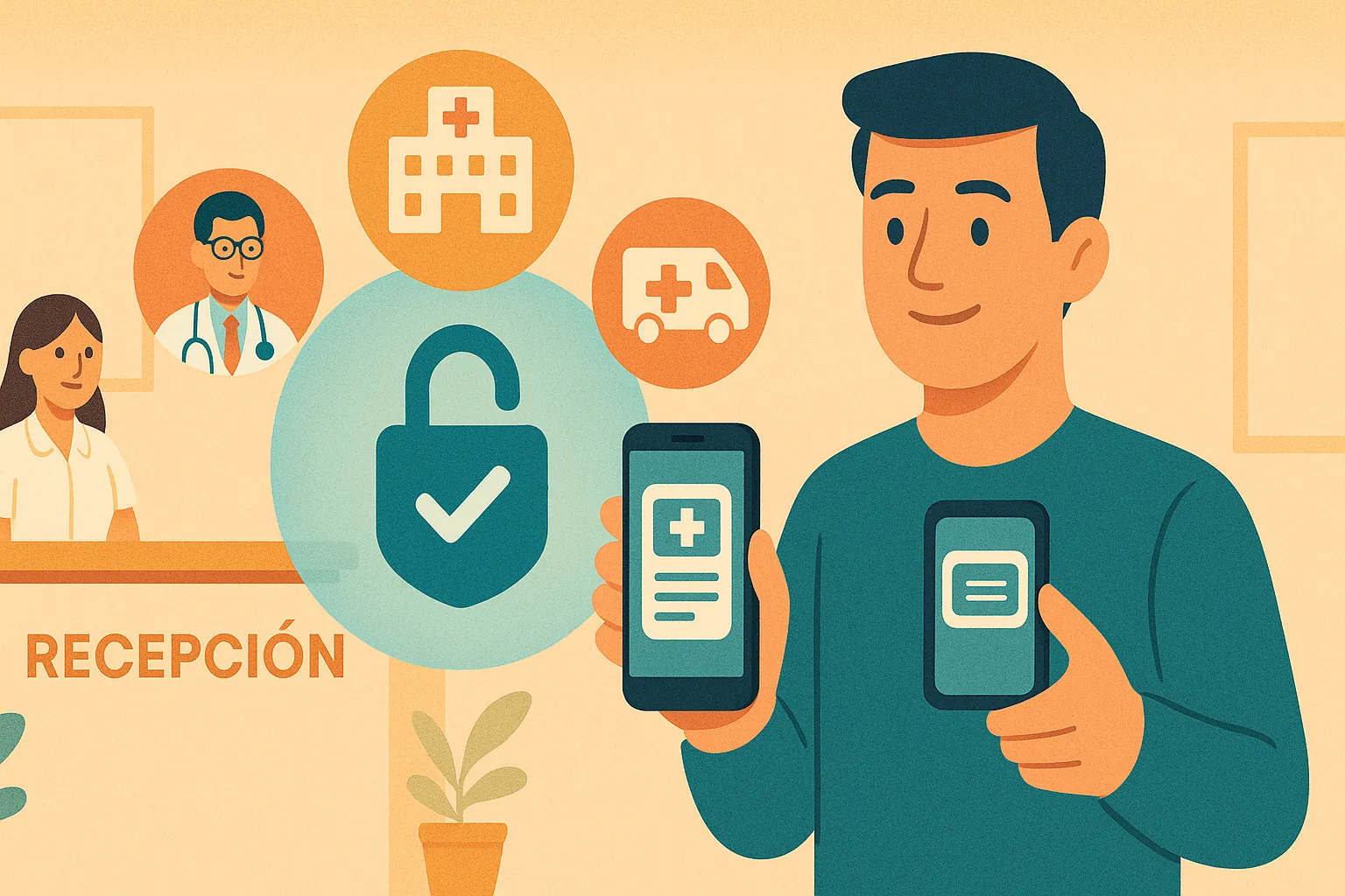 Hombre sonriente en la recepción de una clínica muestra sosteniendo en un smartphone su tarjeta de salud virtual.