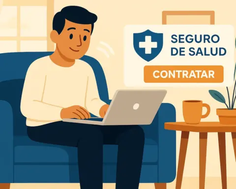 Hombre joven contratando seguro de salud online desde el sofá con portátil y mensaje de confirmación.