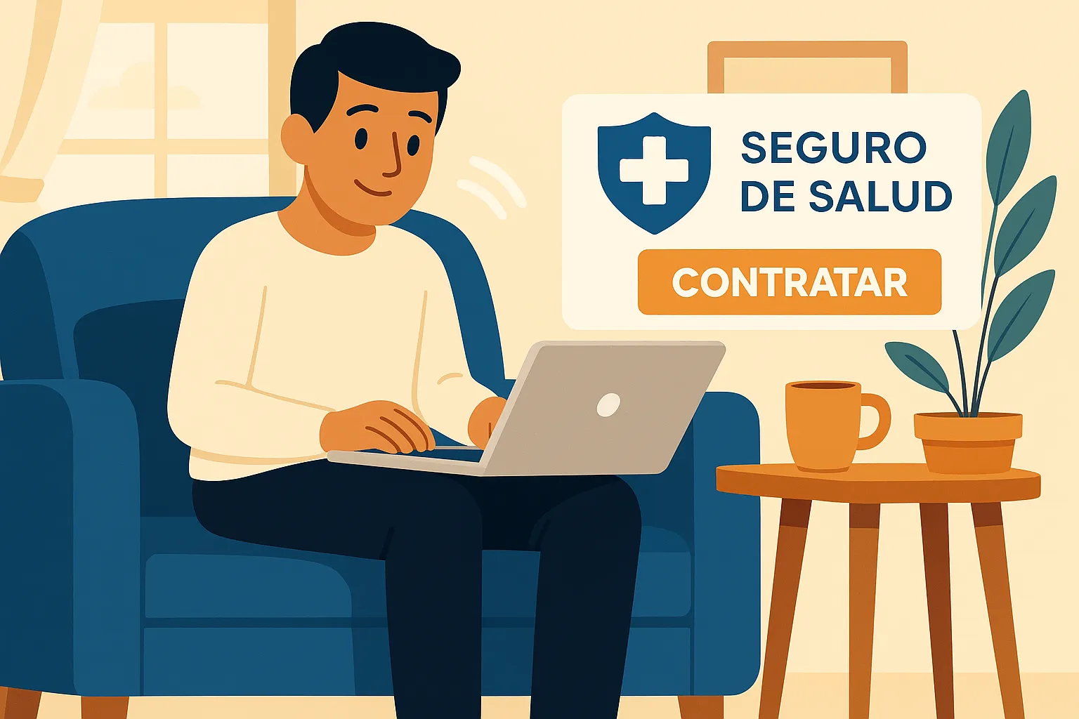 Hombre joven contratando seguro de salud online desde el sofá con portátil y mensaje de confirmación.